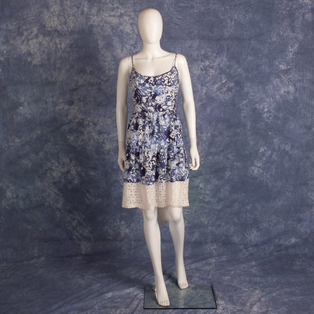 Peter Som Design Nation Tie Dye Hi-Lo Sundress | Large | Blue White Lace